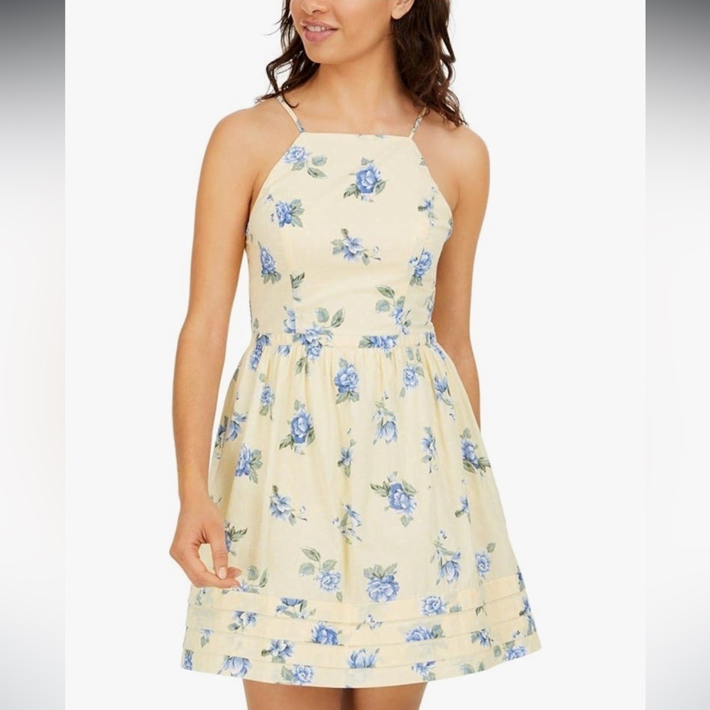 City Vibe Floral Halter Top Mini Dress Pale Yellow & Blue Floral Size S